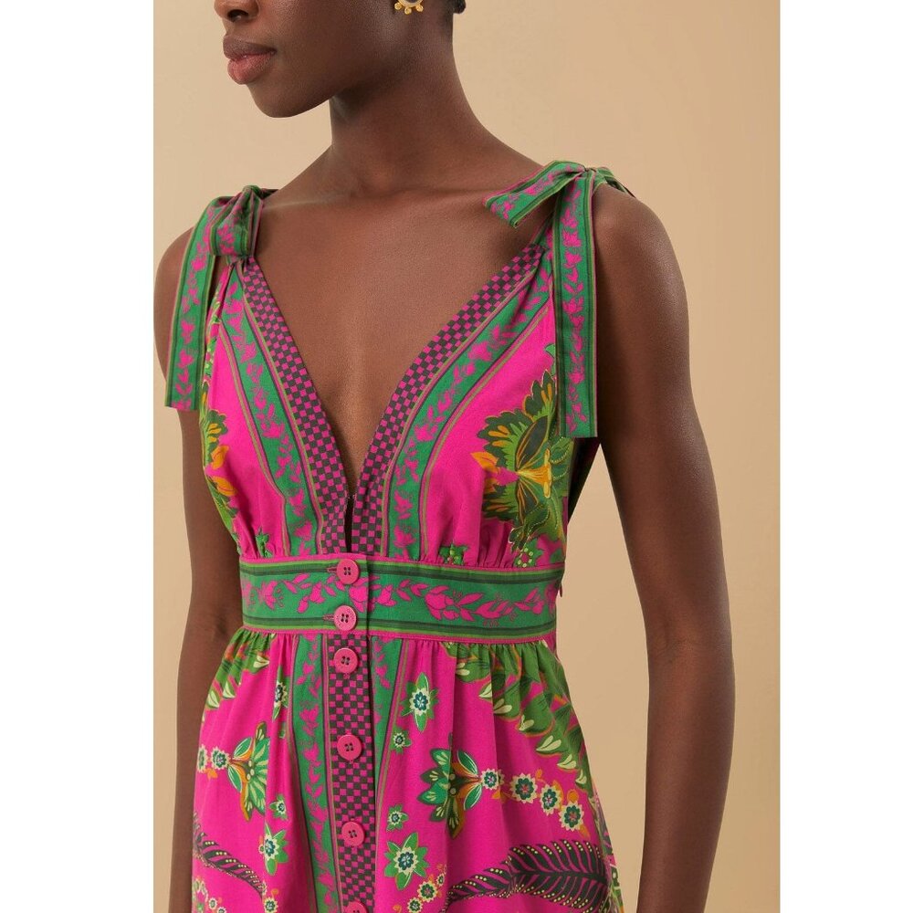 FARM Rio Ana Tapestry Midi Dress / Medium / Pink Floral Plunge - Picture 3 of 11